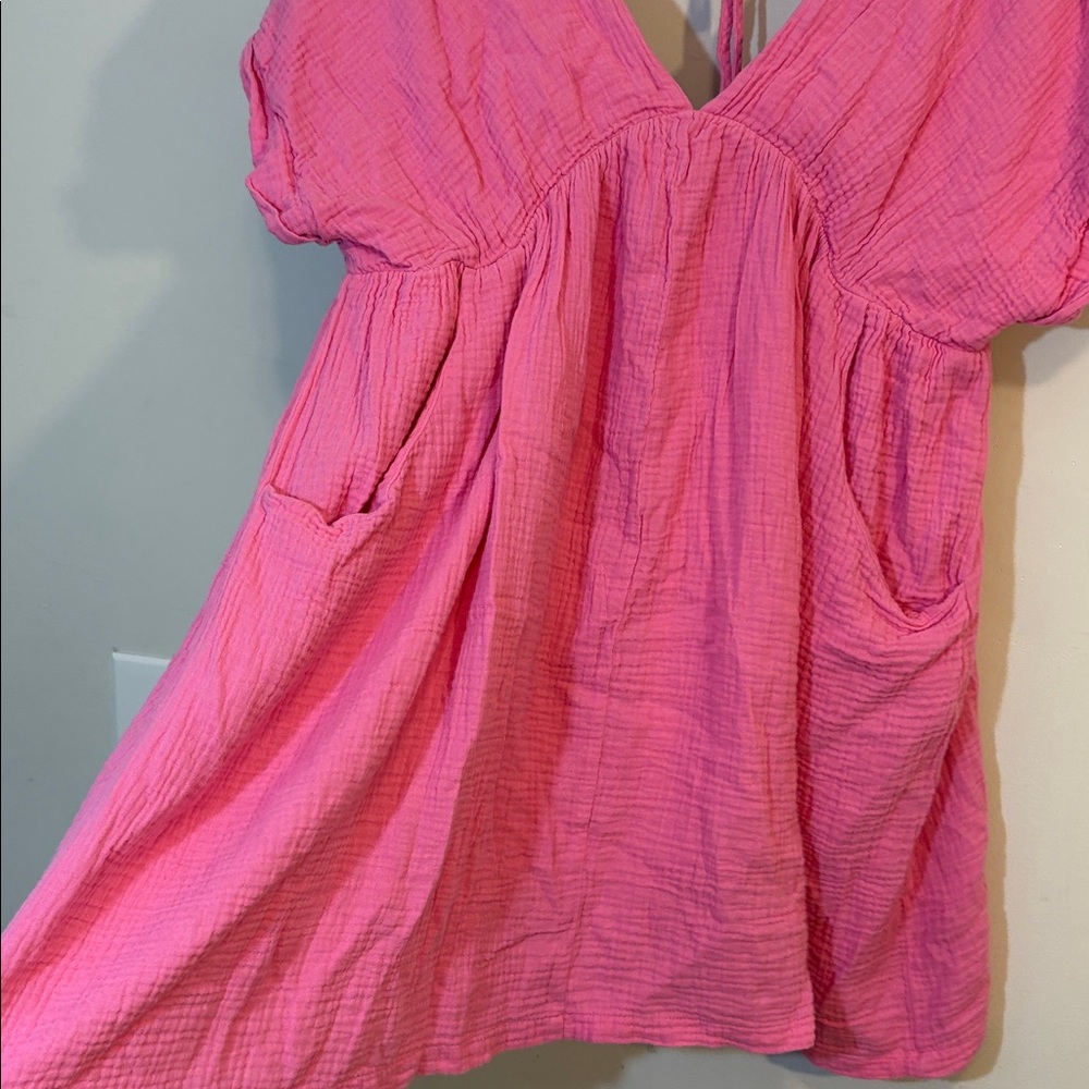 Day + Moon Bubblegum Pink Cotton Gauze Babydoll Peasant Mini Dress, Medium